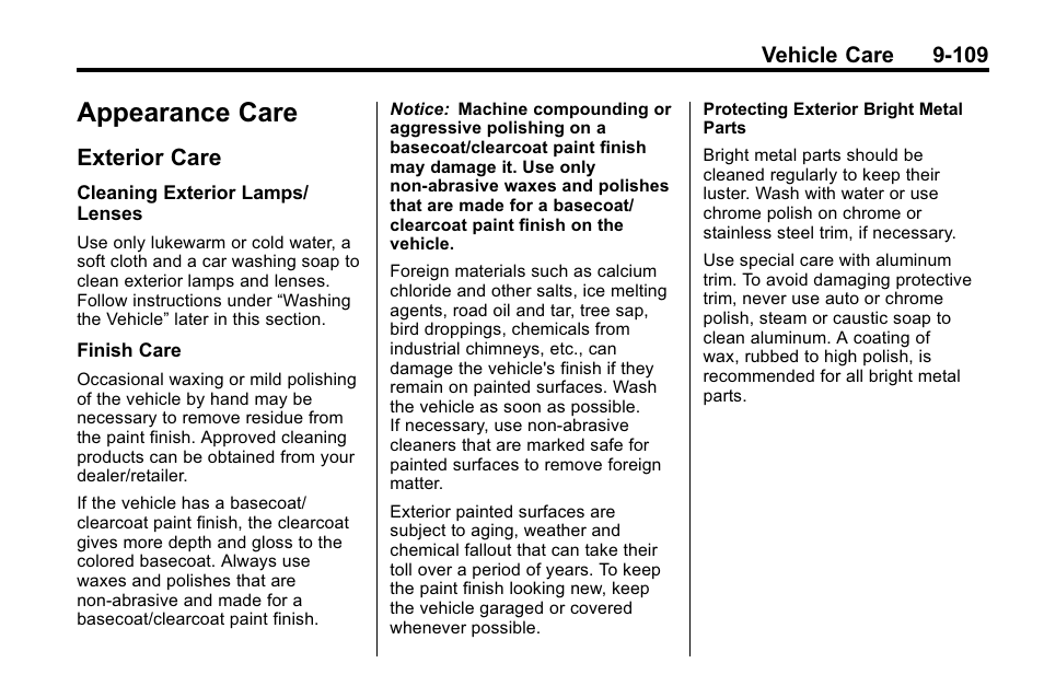 Appearance care, Exterior care, Appearance care -109 | Index, Exterior care -109 | Cadillac 2010 SRX Crossover User Manual | Page 413 / 470