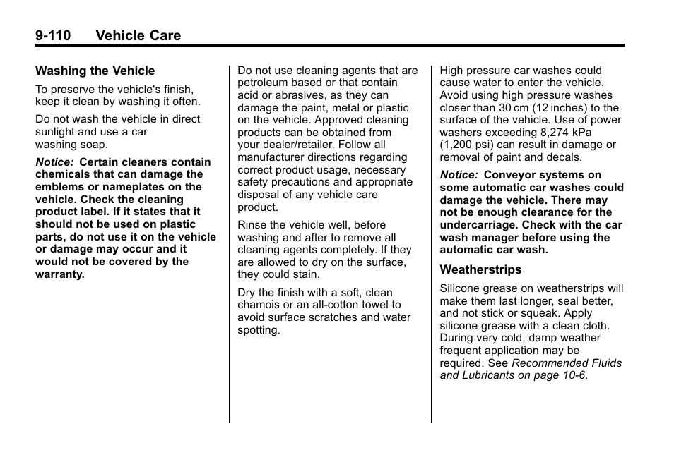 110 vehicle care | Cadillac 2010 SRX Crossover User Manual | Page 414 / 470