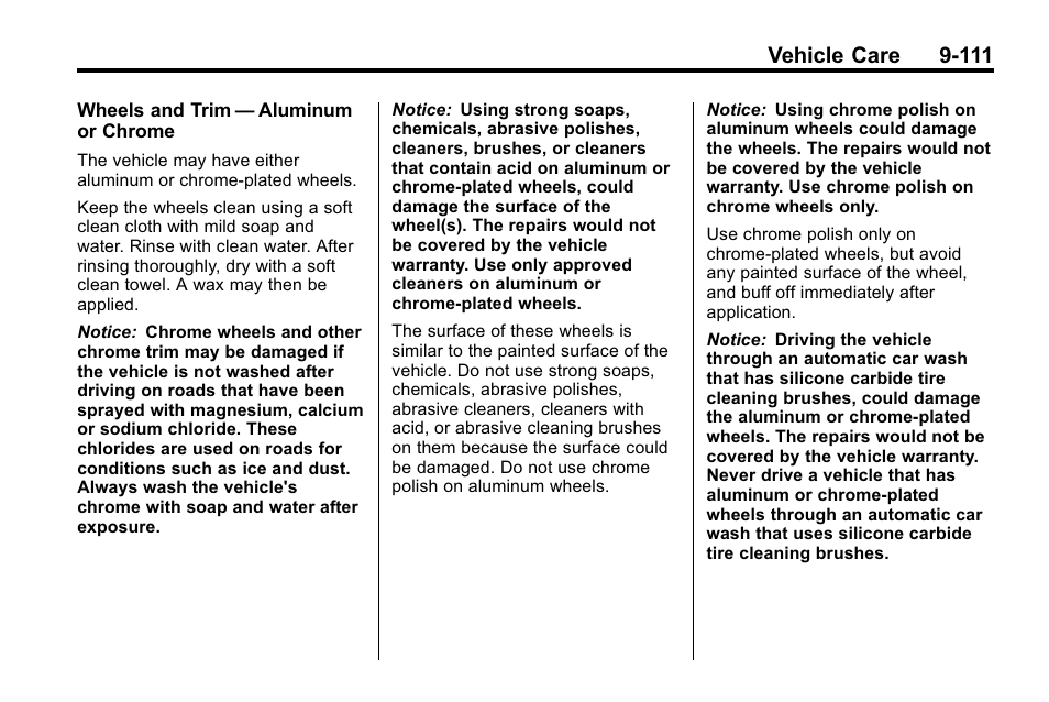 Vehicle care 9-111 | Cadillac 2010 SRX Crossover User Manual | Page 415 / 470