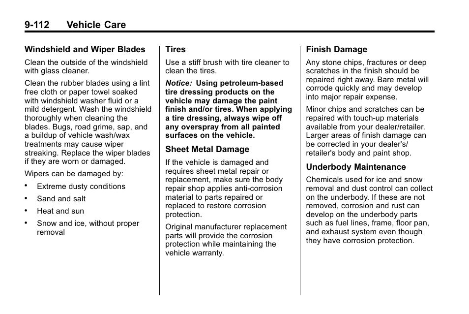 112 vehicle care | Cadillac 2010 SRX Crossover User Manual | Page 416 / 470