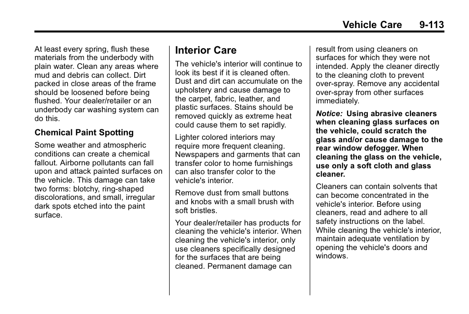 Interior care, Interior care -113, Vehicle care 9-113 | Cadillac 2010 SRX Crossover User Manual | Page 417 / 470