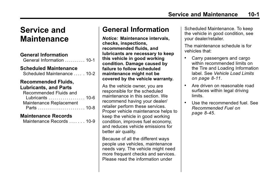 Service and maintenance, General information, Service and maintenance -1 | General information -1, Service and maintenance 10-1 | Cadillac 2010 SRX Crossover User Manual | Page 421 / 470