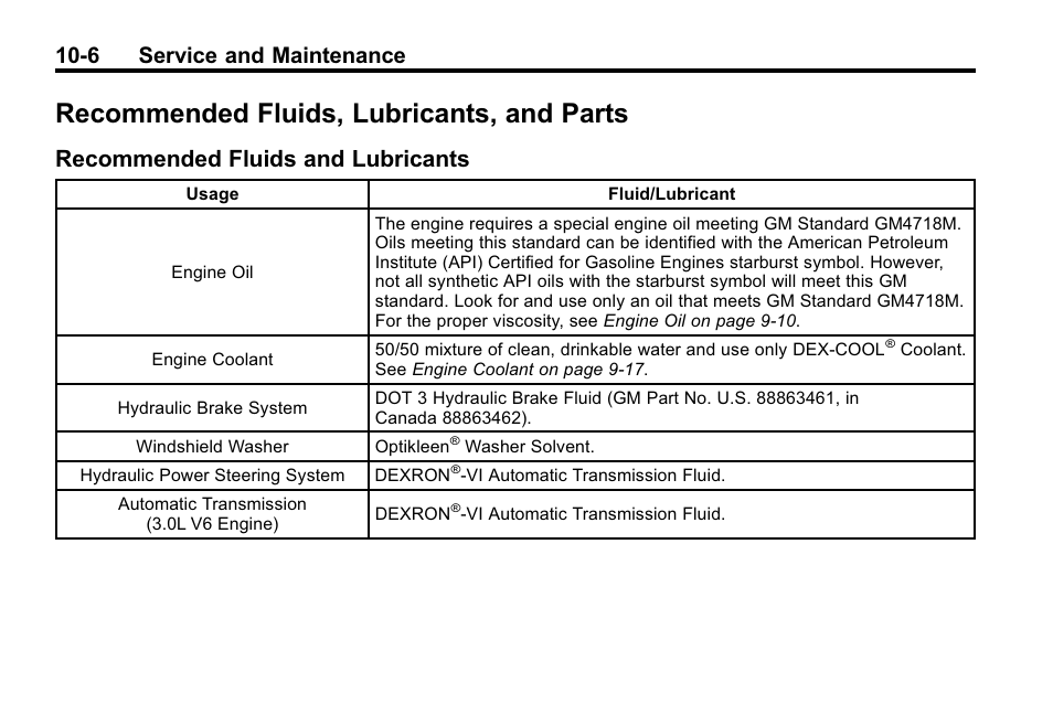 Recommended fluids, lubricants, and parts, Recommended fluids and lubricants, Recommended fluids | Lubricants, and parts -6, Recommended fluids and, Lubricants -6, 6 service and maintenance | Cadillac 2010 SRX Crossover User Manual | Page 426 / 470