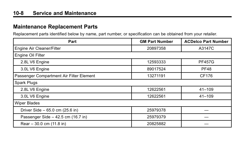 Maintenance replacement parts, Maintenance replacement, Parts -8 | 8 service and maintenance | Cadillac 2010 SRX Crossover User Manual | Page 428 / 470