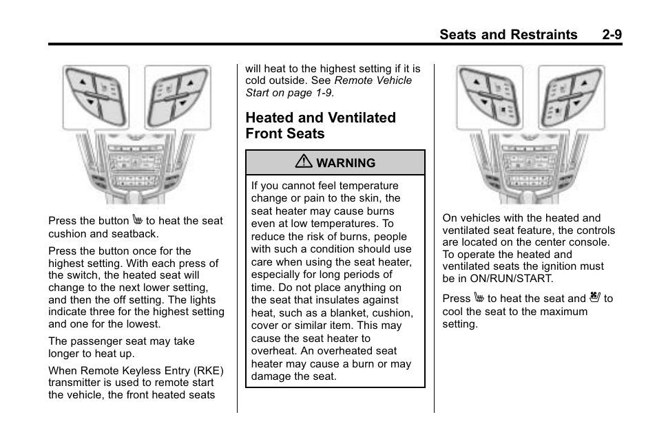 Heated and ventilated front seats, Heated and ventilated front, Seats -9 | Cadillac 2010 SRX Crossover User Manual | Page 43 / 470