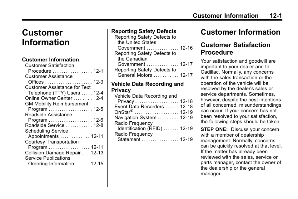 Customer information, Customer satisfaction procedure, Customer information 12-1 | Cadillac 2010 SRX Crossover User Manual | Page 437 / 470