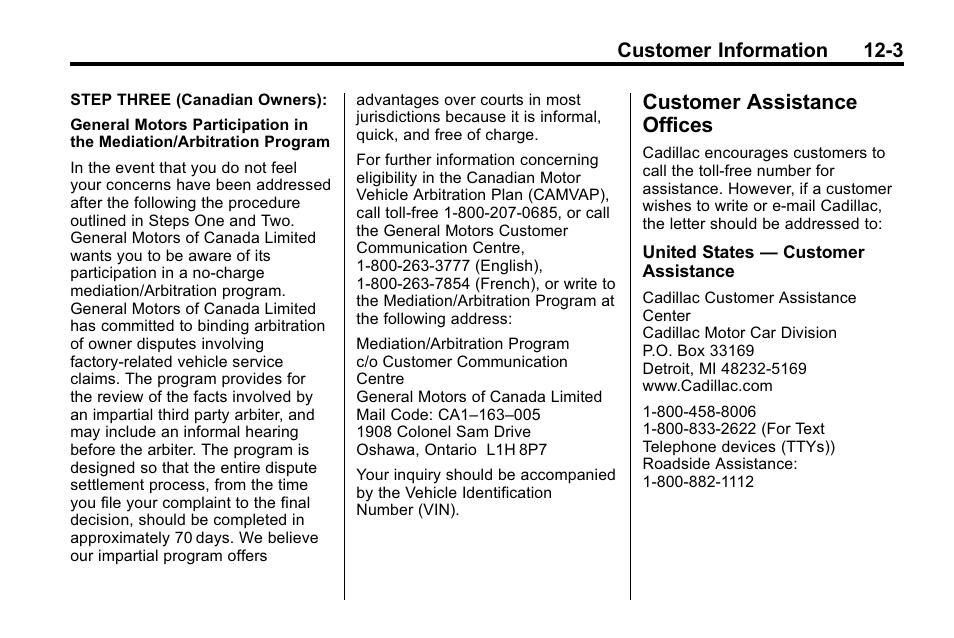 Customer assistance offices, Customer assistance, Offices -3 | Vehicle, Customer information 12-3 | Cadillac 2010 SRX Crossover User Manual | Page 439 / 470