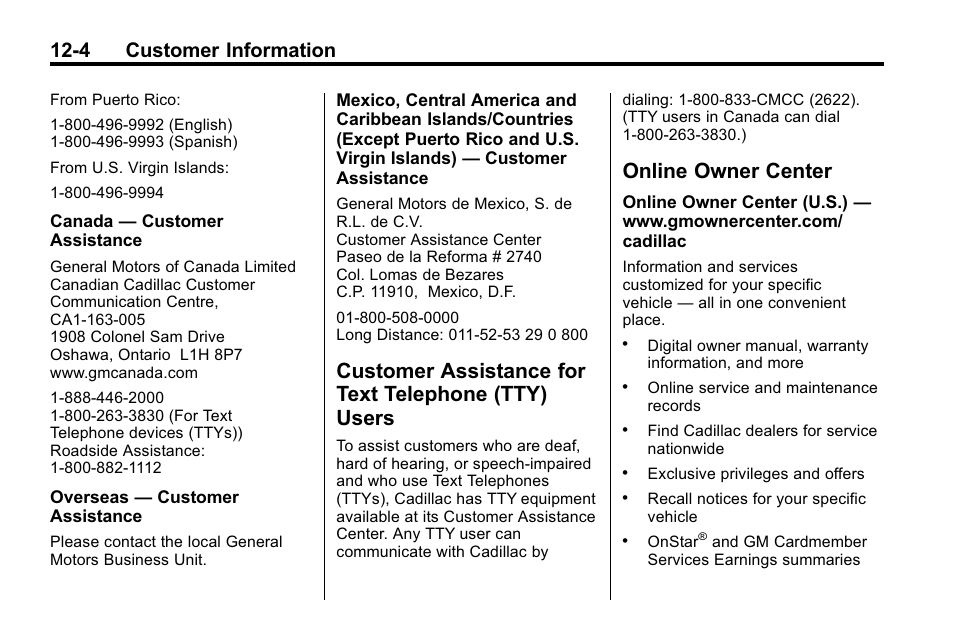 Customer assistance for text telephone (tty) users, Online owner center, Customer assistance for text | Telephone (tty) users -4, Online owner center -4, 4 customer information | Cadillac 2010 SRX Crossover User Manual | Page 440 / 470