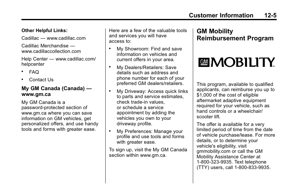 Gm mobility reimbursement program, Gm mobility reimbursement, Program -5 | Customer information 12-5 | Cadillac 2010 SRX Crossover User Manual | Page 441 / 470