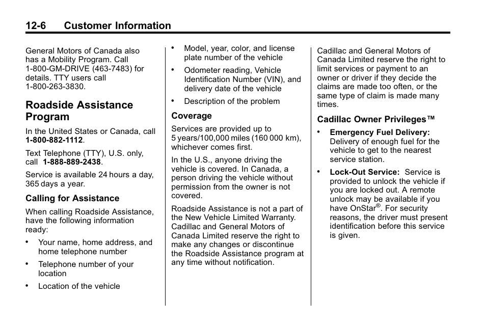 Roadside assistance program, Roadside assistance, Program -6 | Navigation, 6 customer information | Cadillac 2010 SRX Crossover User Manual | Page 442 / 470