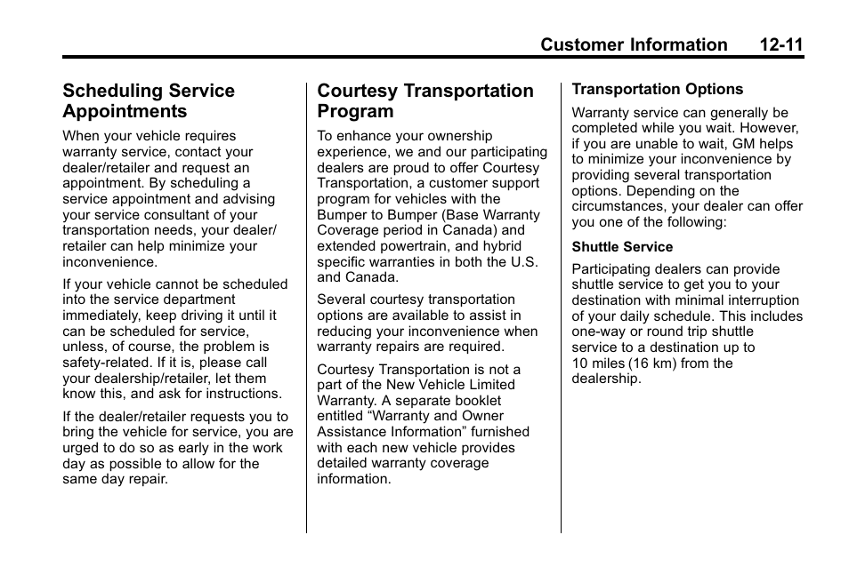 Scheduling service appointments, Courtesy transportation program, Scheduling service | Appointments -11, Courtesy transportation, Program -11 | Cadillac 2010 SRX Crossover User Manual | Page 447 / 470