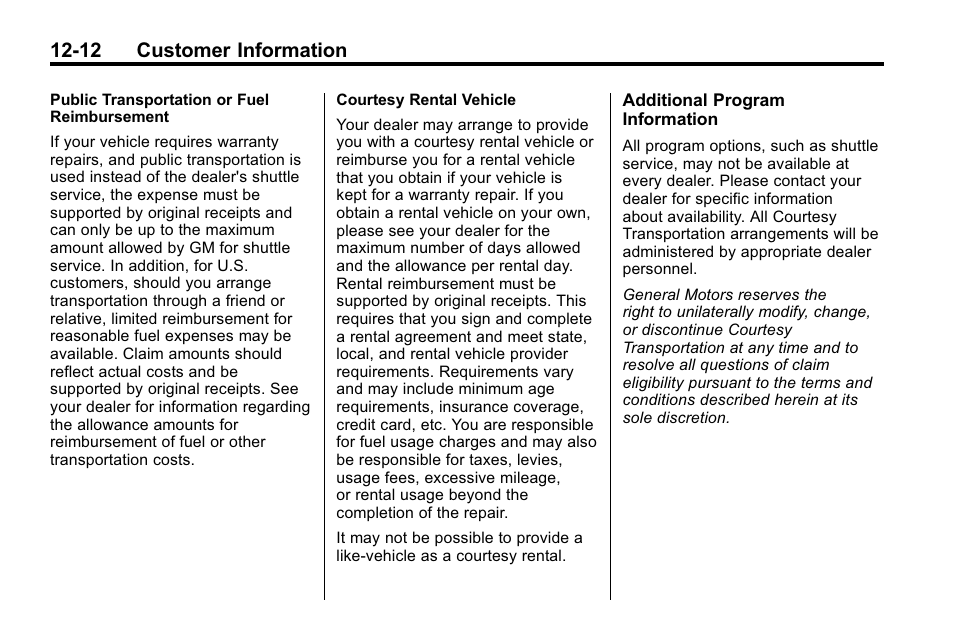 12 customer information | Cadillac 2010 SRX Crossover User Manual | Page 448 / 470