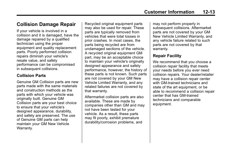 Collision damage repair, Collision damage repair -13 | Cadillac 2010 SRX Crossover User Manual | Page 449 / 470