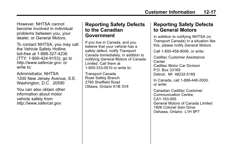 Reporting safety defects to general motors, Reporting safety defects to, The canadian government -17 | General motors -17 | Cadillac 2010 SRX Crossover User Manual | Page 453 / 470