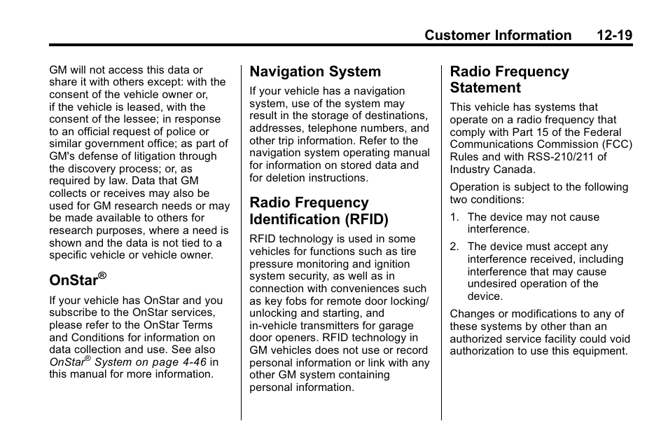 Onstar, Navigation system, Radio frequency identification (rfid) | Radio frequency statement, System -19, Identification (rfid) -19, Radio frequency, Statement -19, Customer information 12-19 | Cadillac 2010 SRX Crossover User Manual | Page 455 / 470