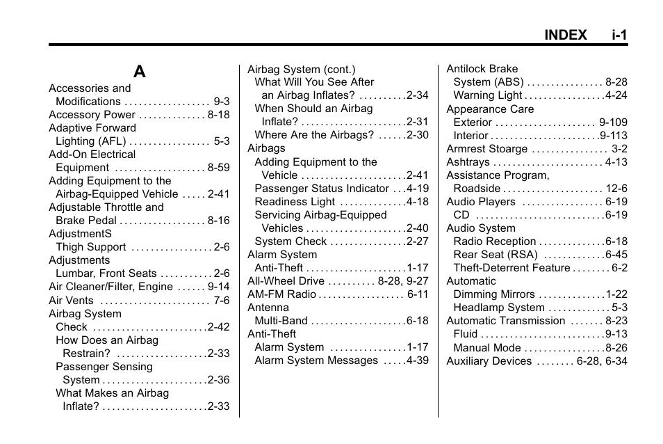 Index, Index_a, Index i-1 | Cadillac 2010 SRX Crossover User Manual | Page 457 / 470