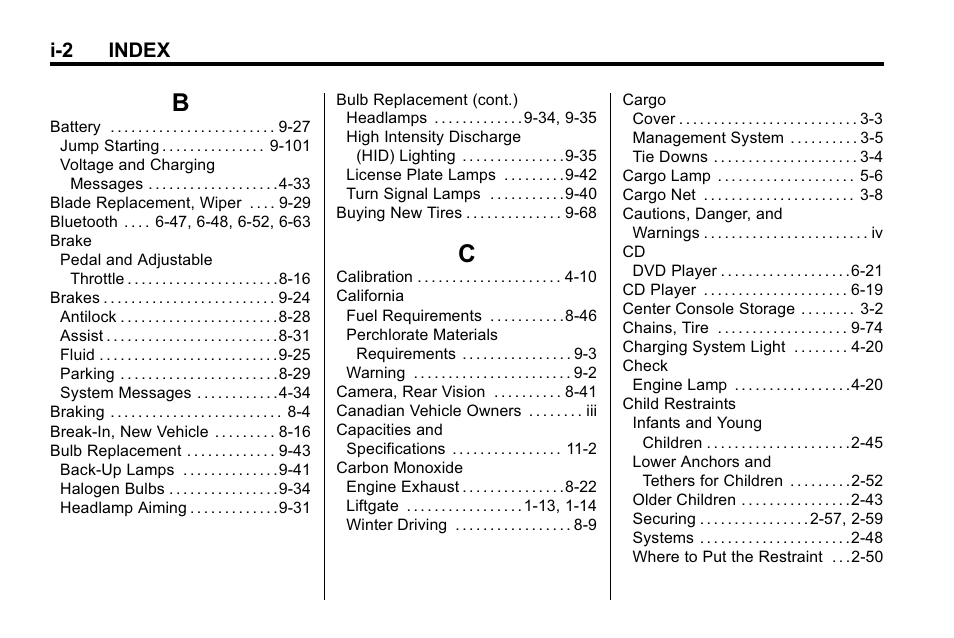 Index_b, Index_c, I-2 index | Cadillac 2010 SRX Crossover User Manual | Page 458 / 470