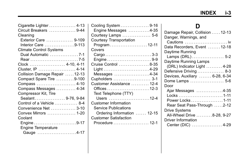 Index_d, Index i-3 | Cadillac 2010 SRX Crossover User Manual | Page 459 / 470