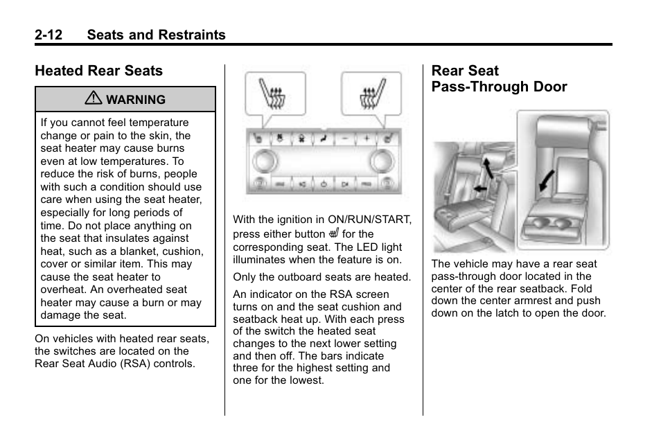 Heated rear seats, Rear seat pass-through door, Heated rear seats -12 rear seat | Pass-through door -12 | Cadillac 2010 SRX Crossover User Manual | Page 46 / 470