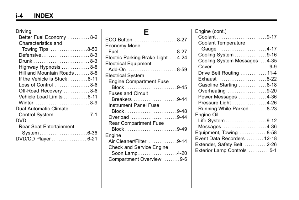 Index_e, I-4 index | Cadillac 2010 SRX Crossover User Manual | Page 460 / 470