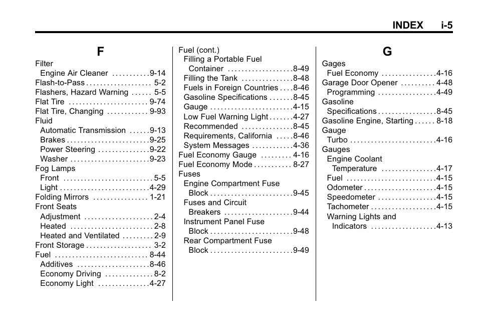 Index_f, Index_g, Index i-5 | Cadillac 2010 SRX Crossover User Manual | Page 461 / 470