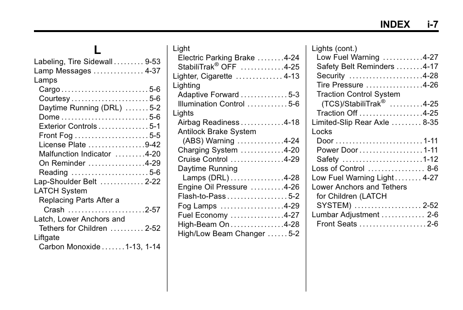 Index_l, Index i-7 | Cadillac 2010 SRX Crossover User Manual | Page 463 / 470