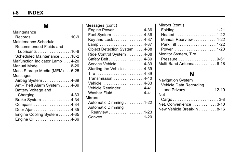 Index_m, Index_n, I-8 index | Cadillac 2010 SRX Crossover User Manual | Page 464 / 470