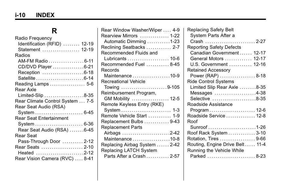 Index_r, I-10 index | Cadillac 2010 SRX Crossover User Manual | Page 466 / 470