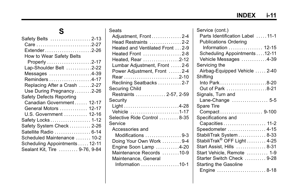 Index_s, Index i-11 | Cadillac 2010 SRX Crossover User Manual | Page 467 / 470