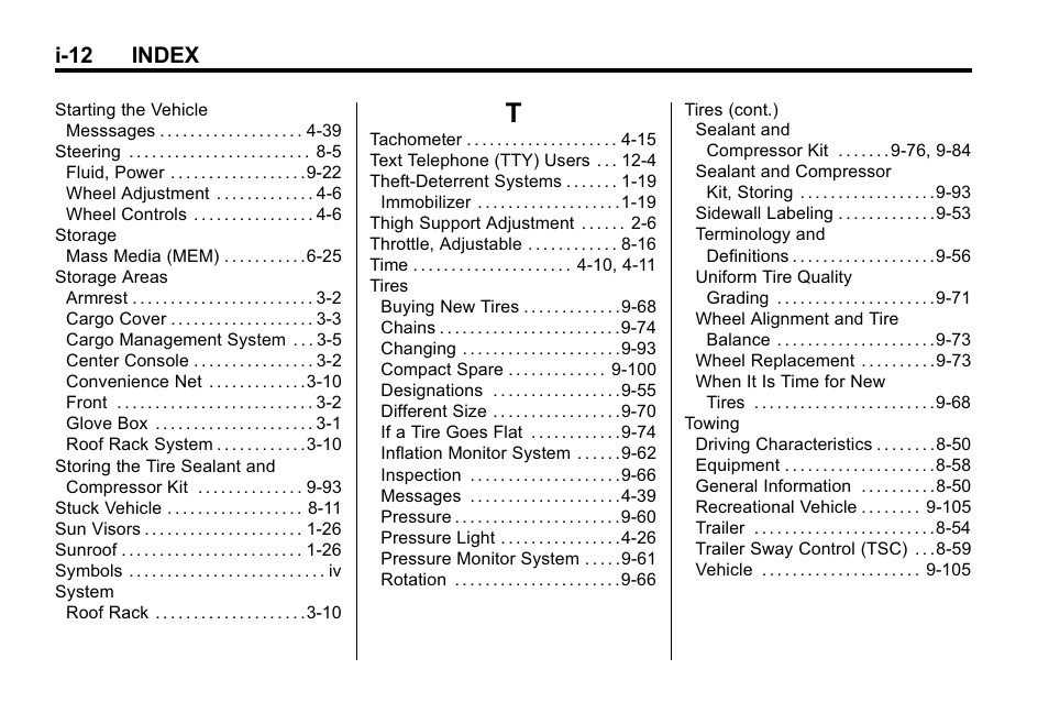 Index_t, I-12 index | Cadillac 2010 SRX Crossover User Manual | Page 468 / 470