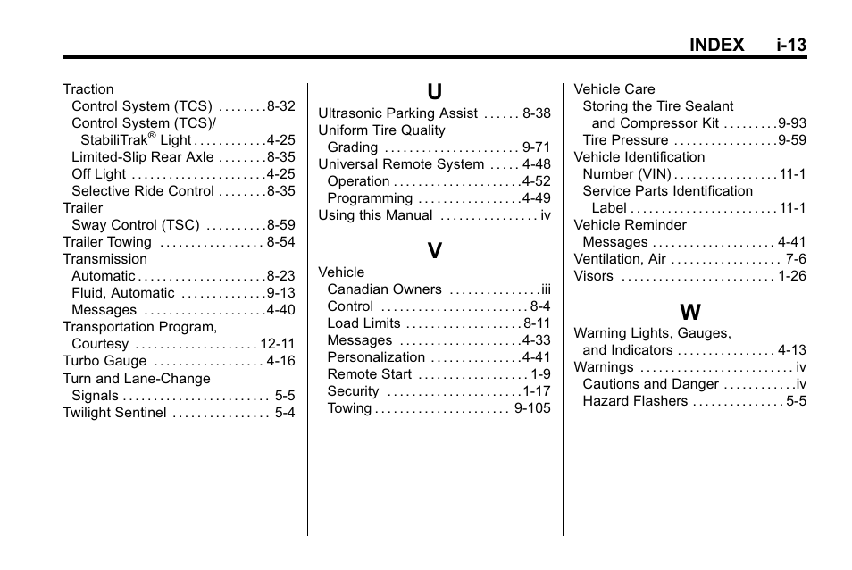 Index_u, Index_v, Index_w | Index i-13 | Cadillac 2010 SRX Crossover User Manual | Page 469 / 470