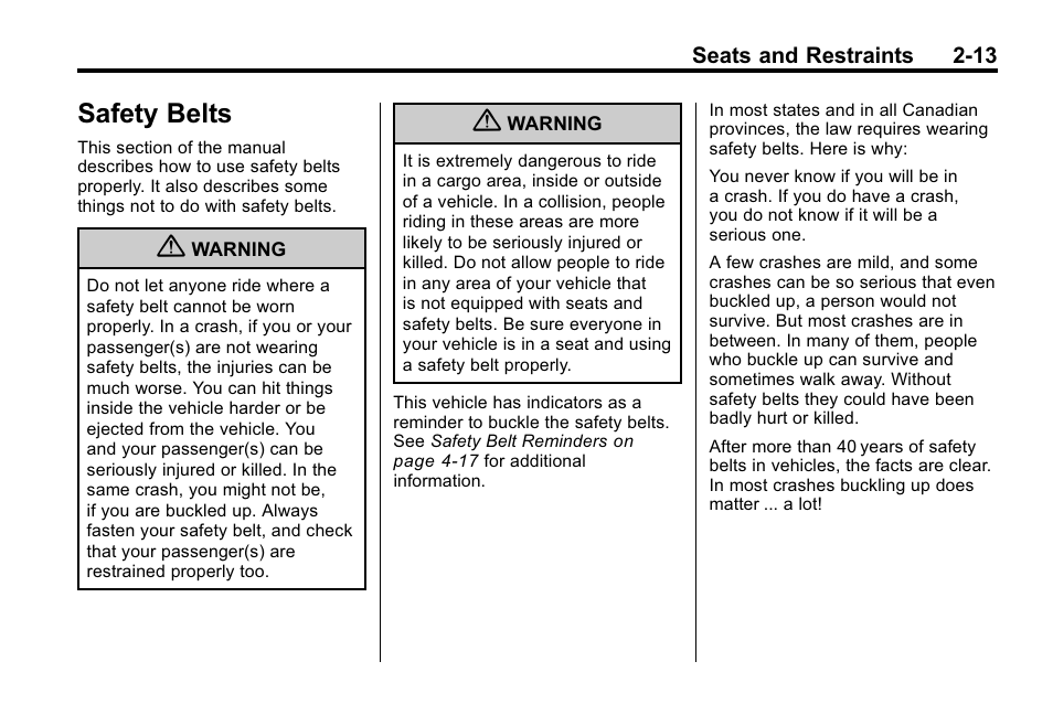 Safety belts, Safety belts -13, Interior lighting | Cadillac 2010 SRX Crossover User Manual | Page 47 / 470