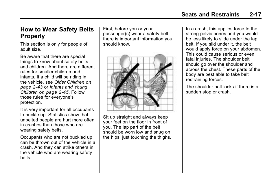 How to wear safety belts properly, How to wear safety belts, Properly -17 | Seats and restraints 2-17 | Cadillac 2010 SRX Crossover User Manual | Page 51 / 470