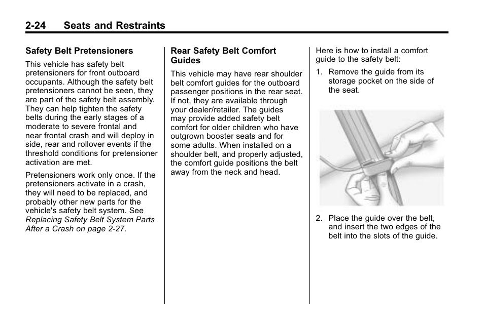 24 seats and restraints | Cadillac 2010 SRX Crossover User Manual | Page 58 / 470