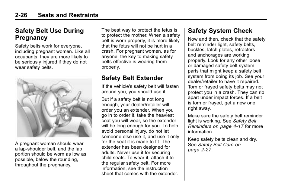 Safety belt use during pregnancy, Safety belt extender, Safety system check | Safety belt use during, Safety belt extender -26 safety system check -26 | Cadillac 2010 SRX Crossover User Manual | Page 60 / 470