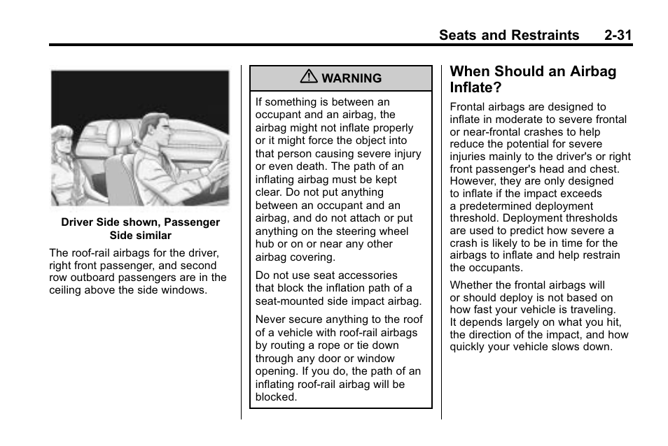 When should an airbag inflate, When should an airbag, Inflate? -31 | Cadillac 2010 SRX Crossover User Manual | Page 65 / 470