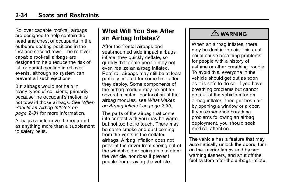 What will you see after an airbag inflates, What will you see after an, Airbag inflates? -34 | Cadillac 2010 SRX Crossover User Manual | Page 68 / 470