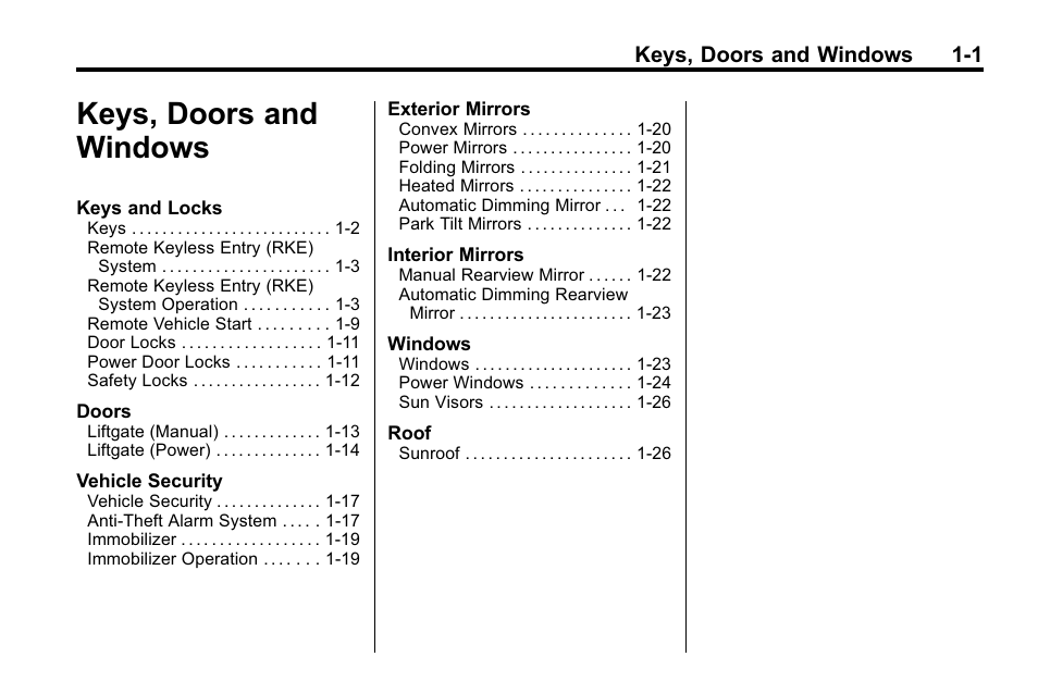 Keys, doors and windows, Keys, doors and windows -1 | Cadillac 2010 SRX Crossover User Manual | Page 7 / 470