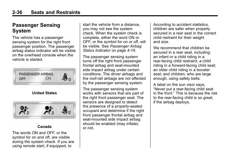 Passenger sensing system, Passenger sensing, System -36 | 36 seats and restraints | Cadillac 2010 SRX Crossover User Manual | Page 70 / 470