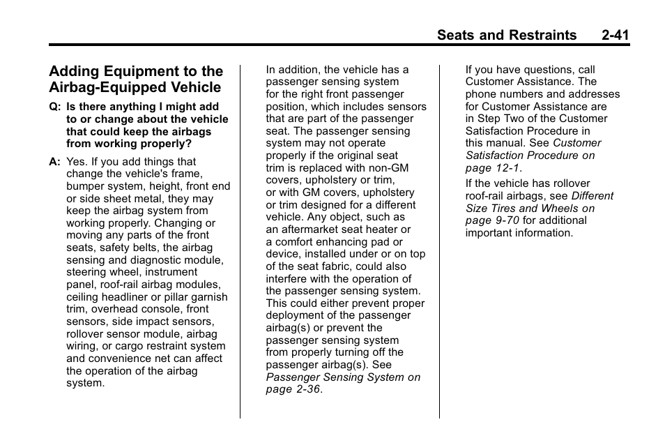 Adding equipment to the airbag-equipped vehicle, Equipment to the, Airbag-equipped vehicle -41 | Cadillac 2010 SRX Crossover User Manual | Page 75 / 470