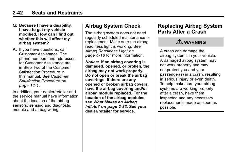 Airbag system check, Replacing airbag system parts after a crash, Airbag system check -42 replacing airbag system | Parts after a crash -42 | Cadillac 2010 SRX Crossover User Manual | Page 76 / 470