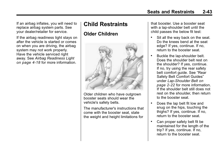 Child restraints, Older children, Child restraints -43 | Older children -43, Seats and restraints 2-43 | Cadillac 2010 SRX Crossover User Manual | Page 77 / 470