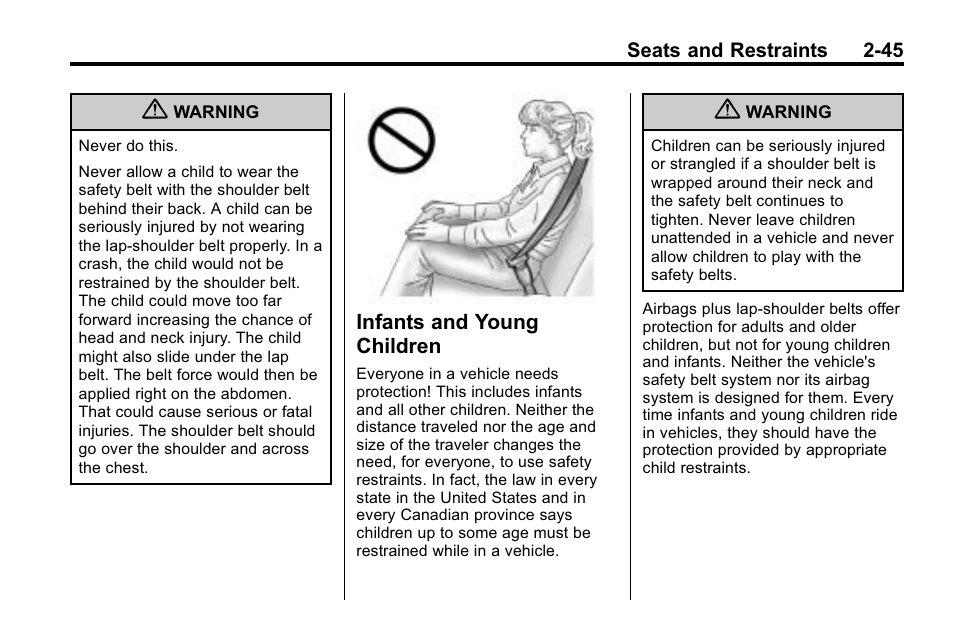 Infants and young children, Infants and young, Children -45 | Cadillac 2010 SRX Crossover User Manual | Page 79 / 470