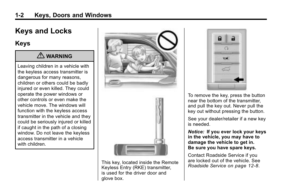 Keys and locks, Keys, Keys and locks -2 | Instrument panel overview, Keys -2 | Cadillac 2010 SRX Crossover User Manual | Page 8 / 470