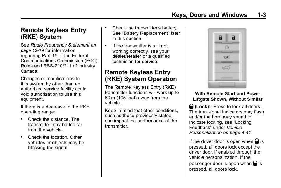 Remote keyless entry (rke) system, Remote keyless entry (rke) system operation, Remote keyless entry (rke) | System -3, System operation -3, Keys, doors and windows 1-3 | Cadillac 2010 SRX Crossover User Manual | Page 9 / 470