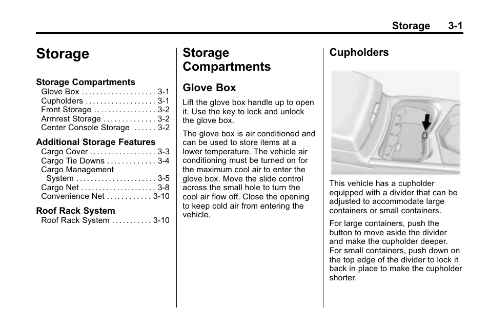 Storage, Storage compartments, Glove box | Cupholders, Storage -1, Storage compartments -1, Audio players | Cadillac 2010 SRX Crossover User Manual | Page 97 / 470