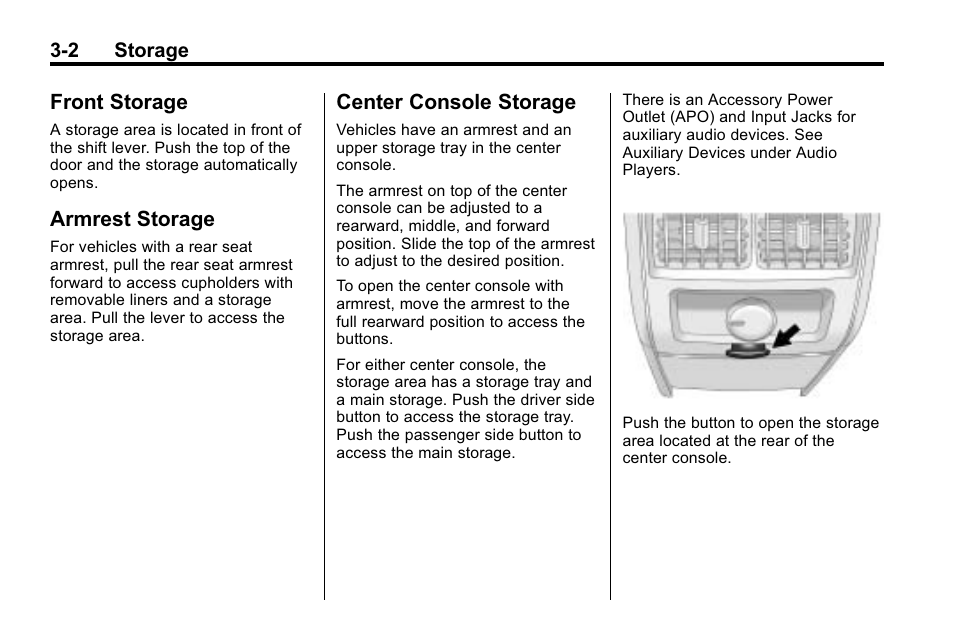 Front storage, Armrest storage, Center console storage | Cadillac 2010 SRX Crossover User Manual | Page 98 / 470