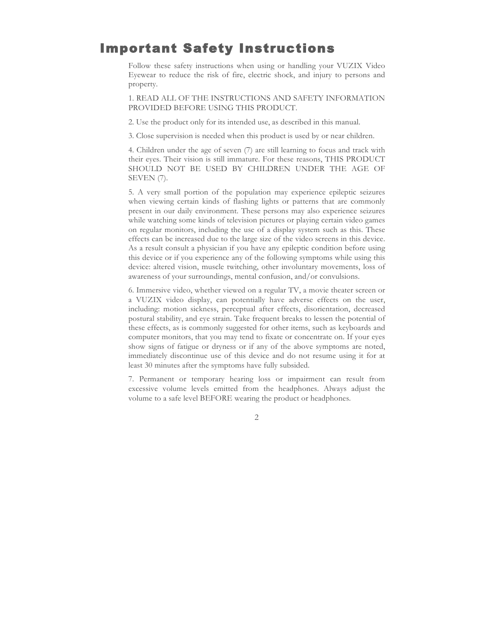 Important safety instructions | Vuzix STAR 1200 User Guide User Manual | Page 4 / 51