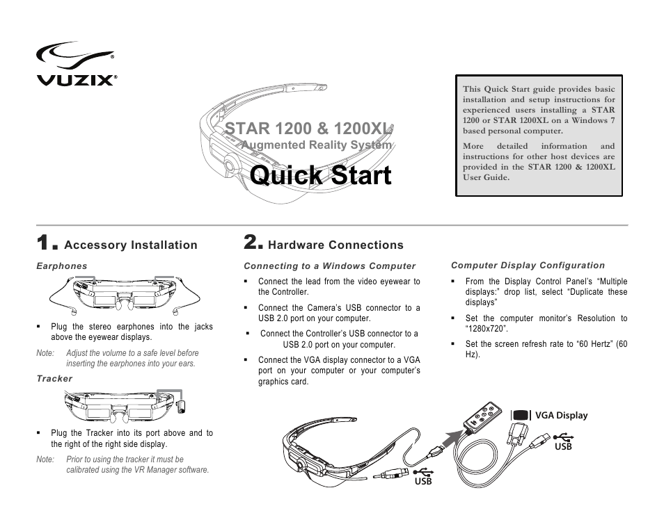 Vuzix STAR 1200 Quick Start Guide User Manual | 2 pages