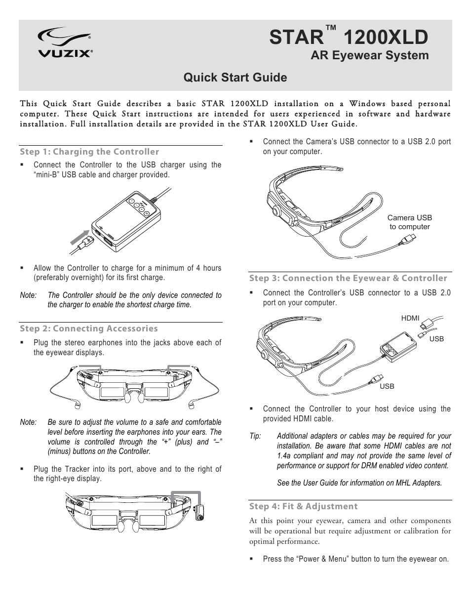 Vuzix STAR 1200XLD AR System Quick Start Guide User Manual | 2 pages